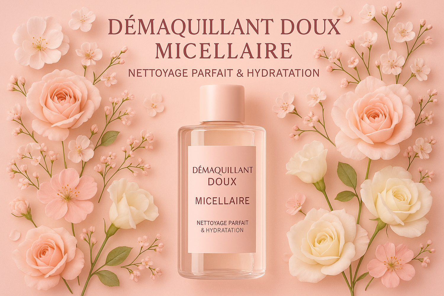 Démaquillant Doux Micellaire avec fond rose et fleurs