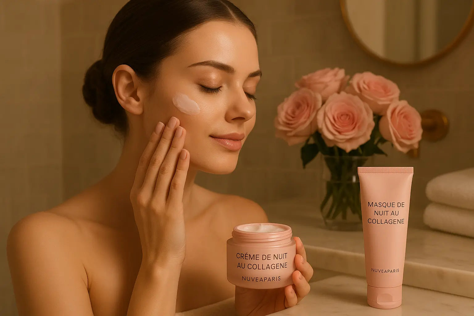 Application crème anti-âge collagène - Rituel beauté nuit